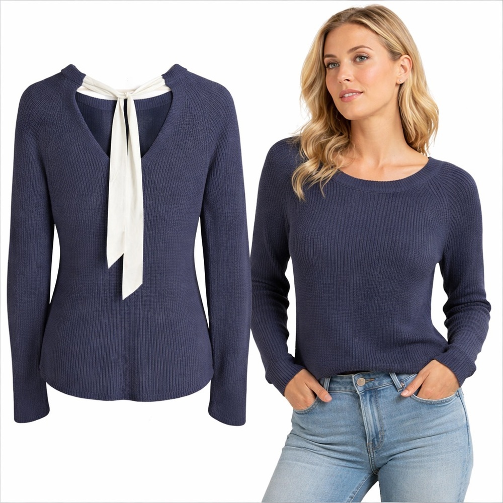 LOFT | Navy Blue Knit Tie Back Sweater | Long Sleeve | Cotton Blend | Size Small